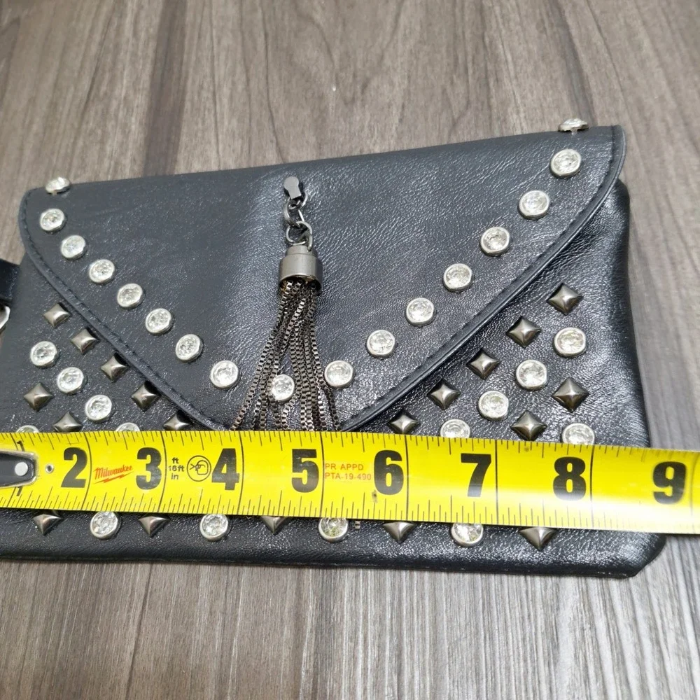 Black Faux Leather Studded Rhinestone Wristlet Clutch with Chain Tassel Edgy
